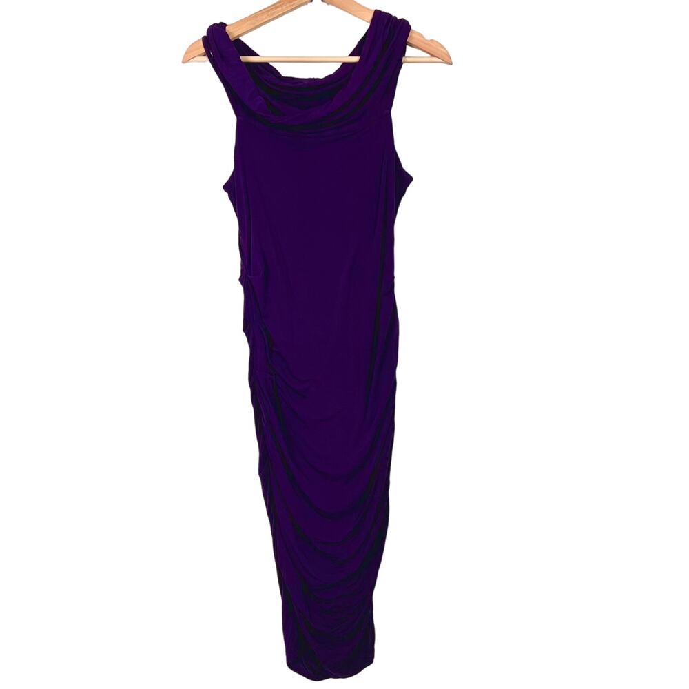 Theory Purple Cowl Neck Ruched Side Body Con Midi Dress Size Medium